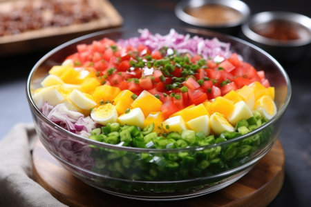 A bowl of chopped vegetables on a table. Generative AI image.の素材
