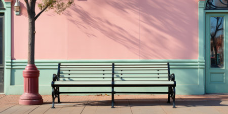 A bench sitting in front of a pink building. Generative AI image.の素材