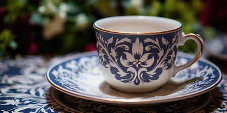 A blue and white cup and saucer on a table. Generative AI image.の素材