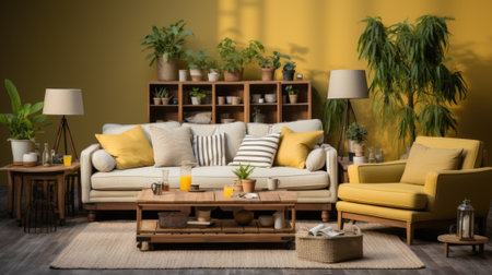 A living room filled with furniture and plants. Generative AI image.の素材