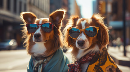 Two dogs wearing sunglasses on a city street. AIの素材