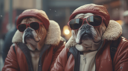 Two bulldogs wearing winter gear and sunglasses. AIの素材