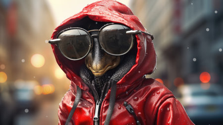 A weird alien wearing sunglasses and a red jacket. AIの素材