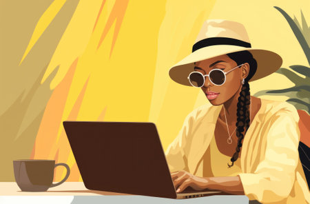 A woman in a hat and sunglasses is working on her laptop. AIの素材