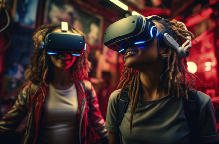 Two women wearing virtual reality headsets. AIの素材