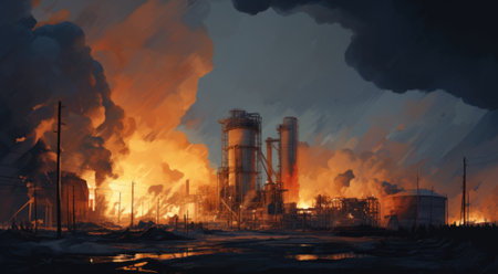 A painting of a factory with smoke coming out of it. AIの素材