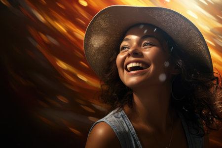 A woman in a hat is smiling and laughing. AIの素材