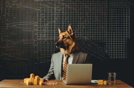 German shepherd dog in suit sitting at desk with laptop. AIの素材