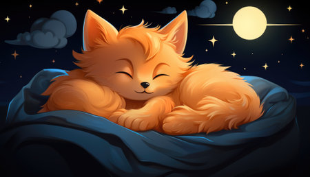 A cartoon orange cat sleeping in a blanket, AIの素材