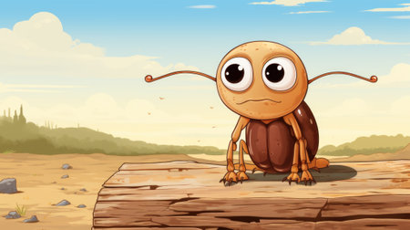 An illustration of a cartoon bug sitting on a log, AIの素材