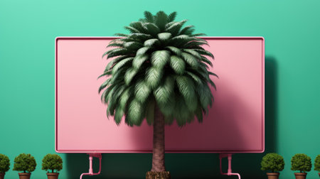 A palm tree in front of a pink wall, AIの素材