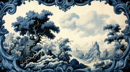 A blue and white painting of trees and mountains, AIの素材