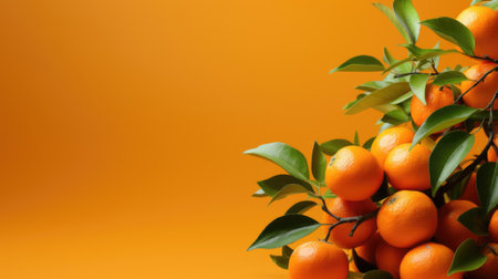Orange fruit on a branch with leaves on a yellow background, AIの素材