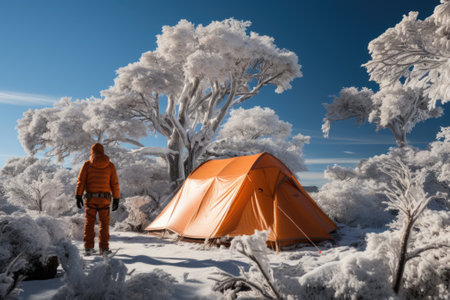 A person standing next to a tent in the snow, AIの素材