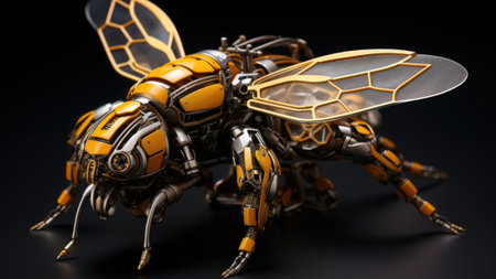 A metallic robot bee with yellow and black parts, AIの素材