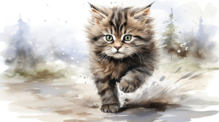 A watercolor painting of a cat running on the ground, AIの素材