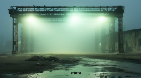 A foggy industrial area with a green light shining on it, AIの素材