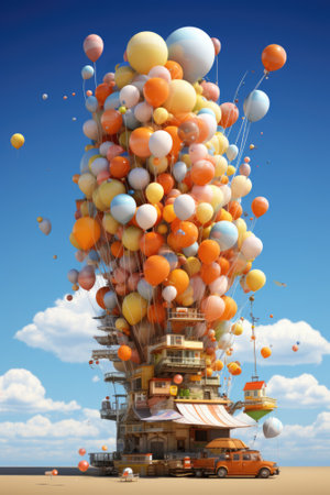 A house with many balloons floating in the air, AIの素材