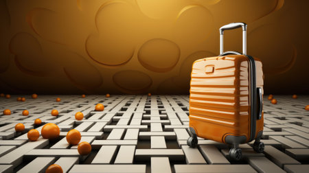 Orange suitcase and aorange balls on a maze floor, AIの素材