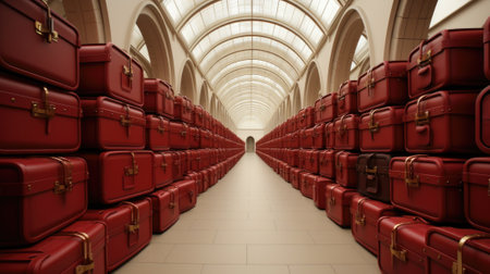 A long hallway with many red suitcases, AIの素材