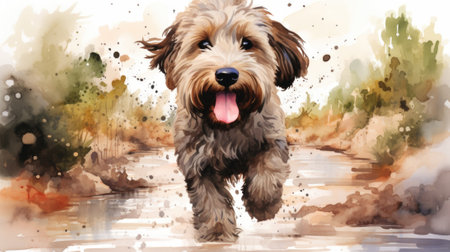 Watercolor painting of a dog running through mud, AIの素材