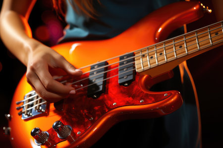 A woman is playing an electric bass guitar, AIの素材