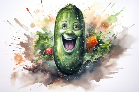 A watercolor illustration of a cucumber with a big smile, AIの素材