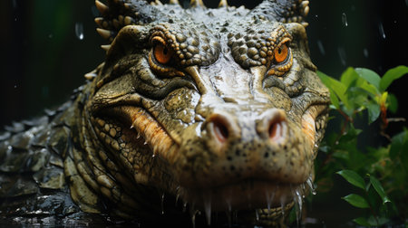 A close up of a crocodile-like monsters head in the rain, AIの素材