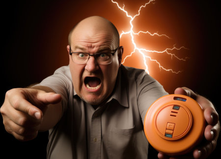 A man holding a fire alarm with lightning at background, AIの素材