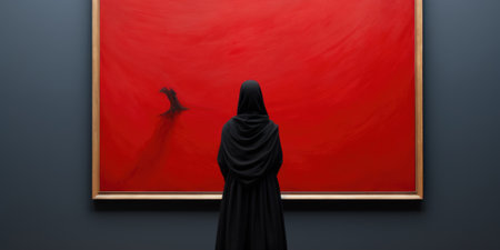 A person in a black robe standing in front of a red painting, AIの素材