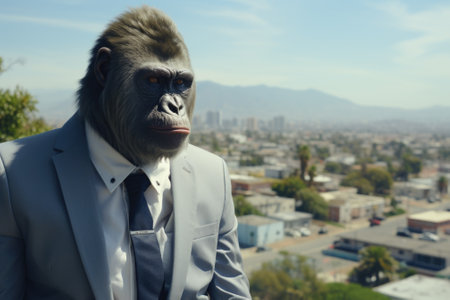 A gorilla wearing a suit and tie in front of a city, AIの素材