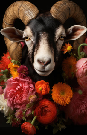 A ram with flowers in front of a black background, AIの素材