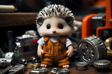 A hedgehog toy is standing in front of a pile of tools, AIの素材