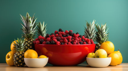 A bowl of variety fruit and a pineapple on a table, AIの素材