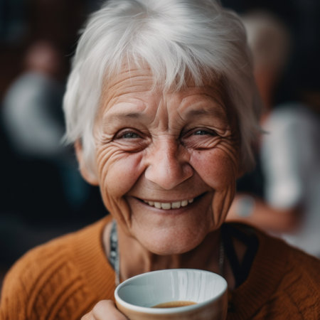 An older woman is smiling while holding a cup of coffee, AIの素材