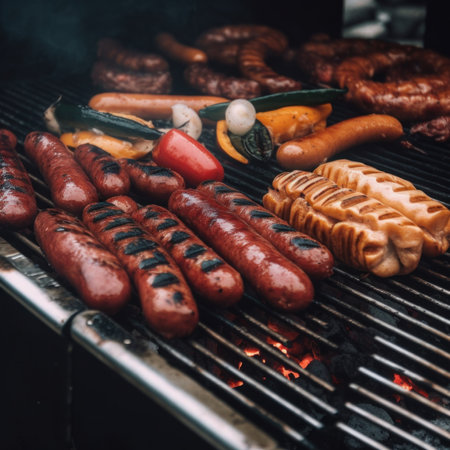 A grill with many different types of hot dogs and sausages, AIの素材