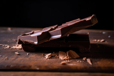 Broken chocolate bar on a wooden table with dark background, AIの素材