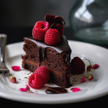 A piece of chocolate cake with raspberries on top, AIの素材