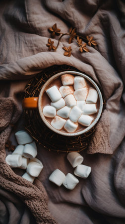 Hot chocolate with marshmallows on a bed, AIの素材