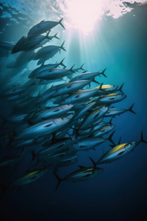A school of tuna swimming in the ocean, AIの素材