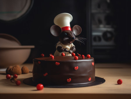 A chocolate cake with a chocolate mouse figurine next to, AIの素材