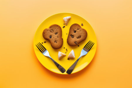 Two cookies on a yellow plate with forks and knives, AIの素材