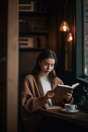 A woman is reading a book in a cafe, AIの素材