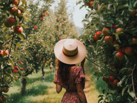 A woman in a hat and dress walking through an apple orchard, AIの素材