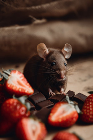 A mouse is sitting on a table with strawberries, AIの素材