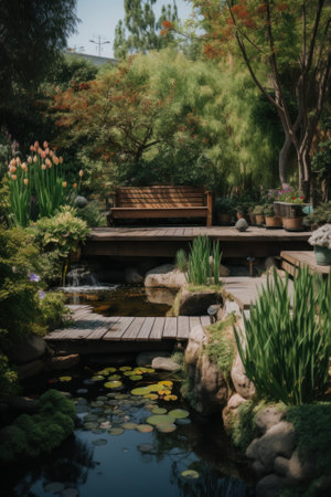 A wooden bench sits in the middle of a pond, AIの素材