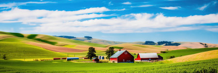 A red barn sits in the middle of a green field, AIの素材