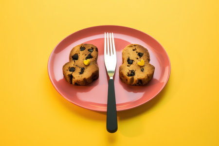 Two cookies on a pink plate with a fork, AIの素材