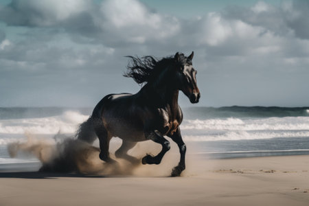 A black horse running on the beach, AIの素材