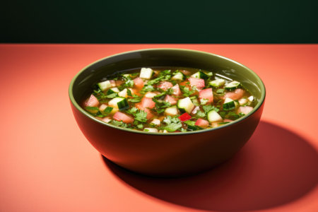 A bowl of salsa on a red surface, AIの素材